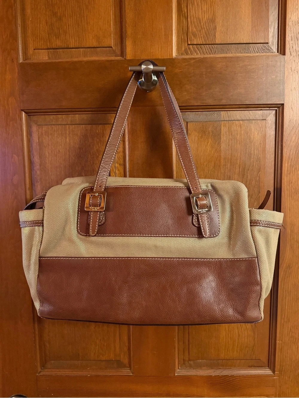 kate spade NWOT Brown Cream Canvas & Baseball Leather Tote Baby Overnight Bag